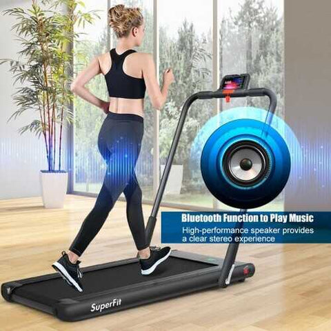 2-in-1 Folding Treadmill with RC Bluetooth Speaker LED Display-Black - Color: Black