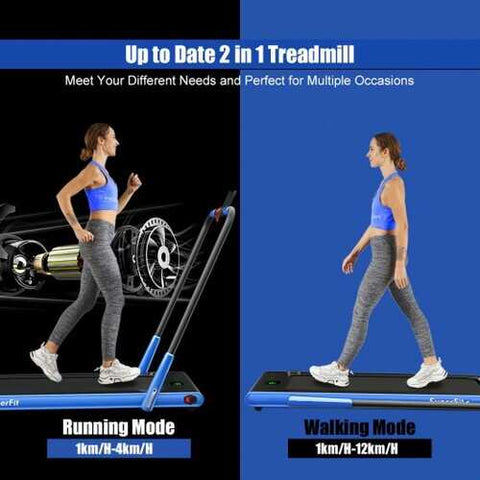 2-in-1 Folding Treadmill with RC Bluetooth Speaker LED Display-Blue - Color: Blue