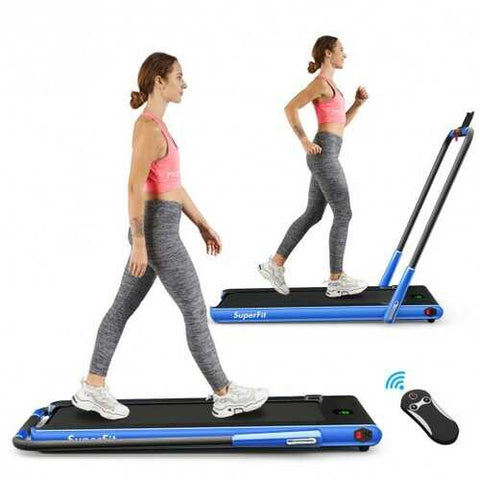 2-in-1 Folding Treadmill with RC Bluetooth Speaker LED Display-Blue - Color: Blue