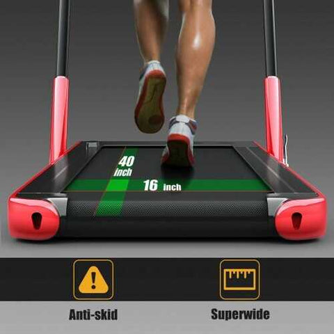2-in-1 Folding Treadmill with RC Bluetooth Speaker LED Display-Red - Color: Red
