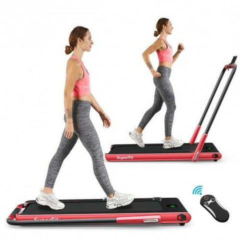 2-in-1 Folding Treadmill with RC Bluetooth Speaker LED Display-Red - Color: Red