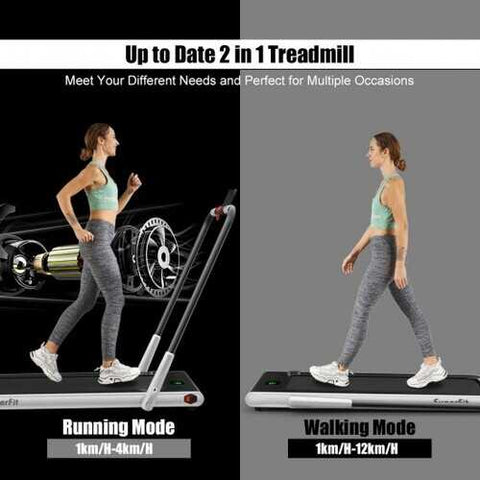 2-in-1 Folding Treadmill with RC Bluetooth Speaker LED Display-Silver - Color: Silver