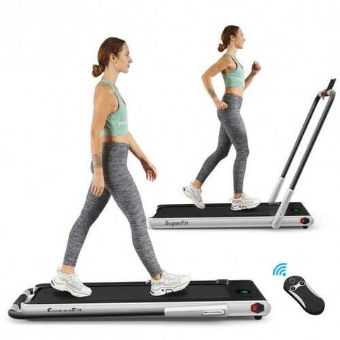 2-in-1 Folding Treadmill with RC Bluetooth Speaker LED Display-Silver - Color: Silver
