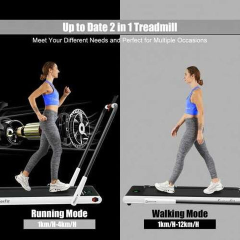 2-in-1 Folding Treadmill with RC Bluetooth Speaker LED Display-White - Color: White