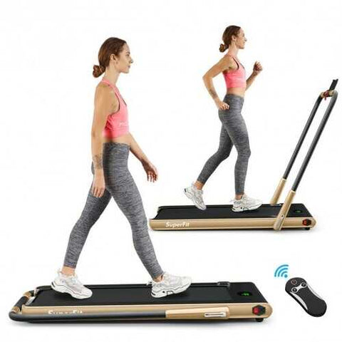 2-in-1 Folding Treadmill with RC Bluetooth Speaker LED Display-Golden - Color: Golden