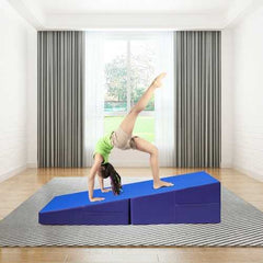Folding Incline Tumbling Wedge Gymnastics Exercise Mat-Blue - Color: Blue