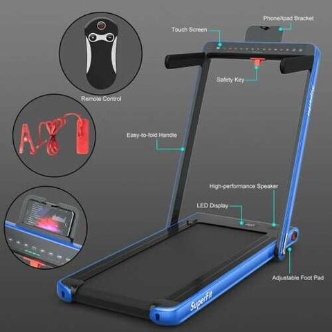 2-in-1 Electric Motorized Health and Fitness Folding Treadmill with Dual Display and Bluetooth Speaker-Blue - Color: Blue