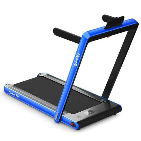 2-in-1 Electric Motorized Health and Fitness Folding Treadmill with Dual Display and Bluetooth Speaker-Blue - Color: Blue