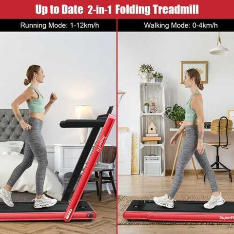 2-in-1 Electric Motorized Health and Fitness Folding Treadmill with Dual Display and Bluetooth Speaker-Red - Color: Red