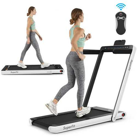 2-in-1 Electric Motorized Health and Fitness Folding Treadmill with Dual Display and Bluetooth Speaker-White - Color: White