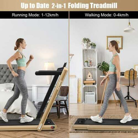 2-in-1 Electric Motorized Health and Fitness Folding Treadmill with Dual Display and Bluetooth Speaker-Yellow - Color: Yellow
