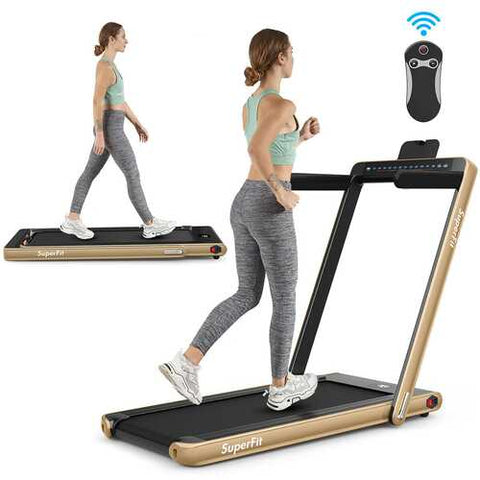 2-in-1 Electric Motorized Health and Fitness Folding Treadmill with Dual Display and Bluetooth Speaker-Yellow - Color: Yellow