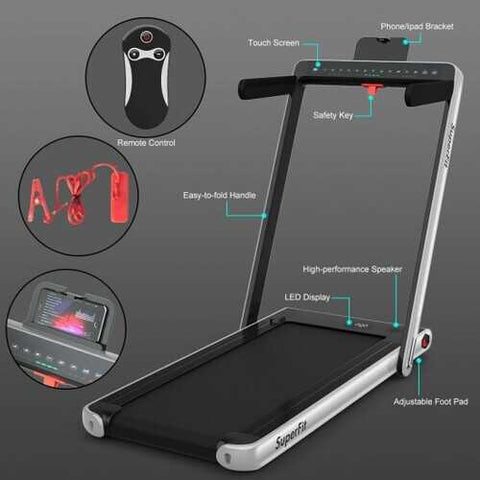 2-in-1 Electric Motorized Health and Fitness Folding Treadmill with Dual Display and Bluetooth Speaker-Silver - Color: Silver